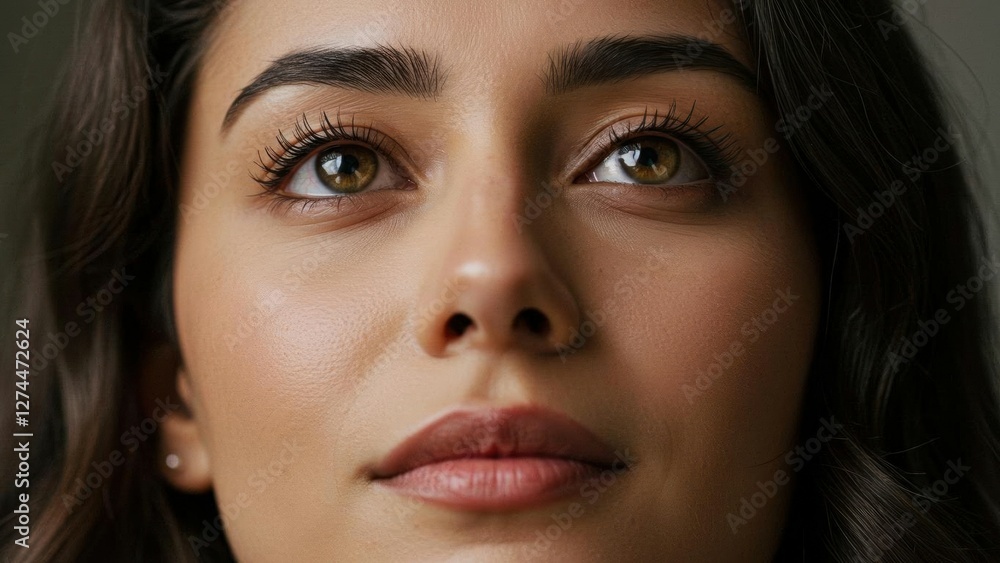 Close-up portrait of a woman with captivating eyes and serene expression. Close-up portrait of a woman with captivating eyes and serene expression.