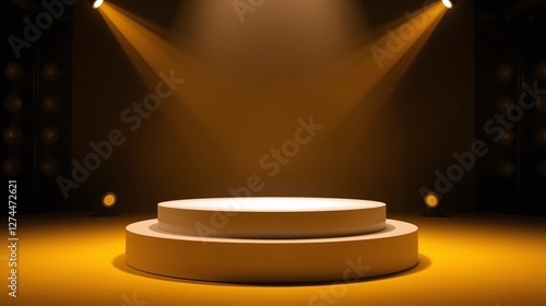 The image displays an empty pedestal, illuminated by focused lights, set against a dark background.