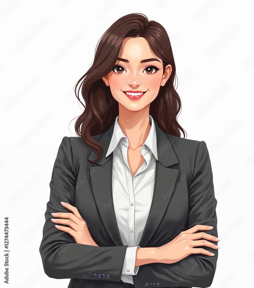 Illustration of young smiling asian business woman in formal suit with crossed arms. Cheerful executive businesswoman portrait on white background. Successful salesgirl. Digital ai generative art. Illustration of young smiling asian business woman in formal suit with crossed arms. Cheerful executive businesswoman portrait on white background. Successful salesgirl. Digital ai generative art.