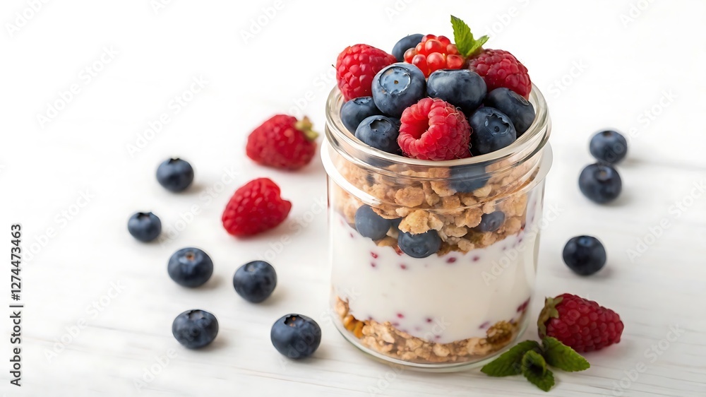 Delicious Yogurt Parfait with Fresh Berries and Granola – Healthy Breakfast Idea on a Minimalist White Background Delicious Yogurt Parfait with Fresh Berries and Granola – Healthy Breakfast Idea on a Minimalist White Background