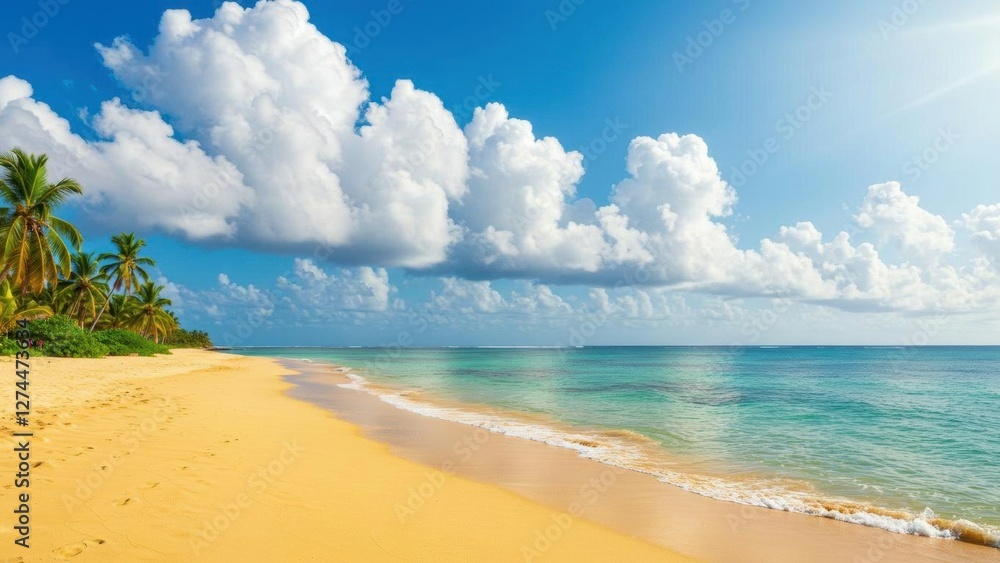 Obraz premium A serene tropical beach with golden sand and clear blue waters.