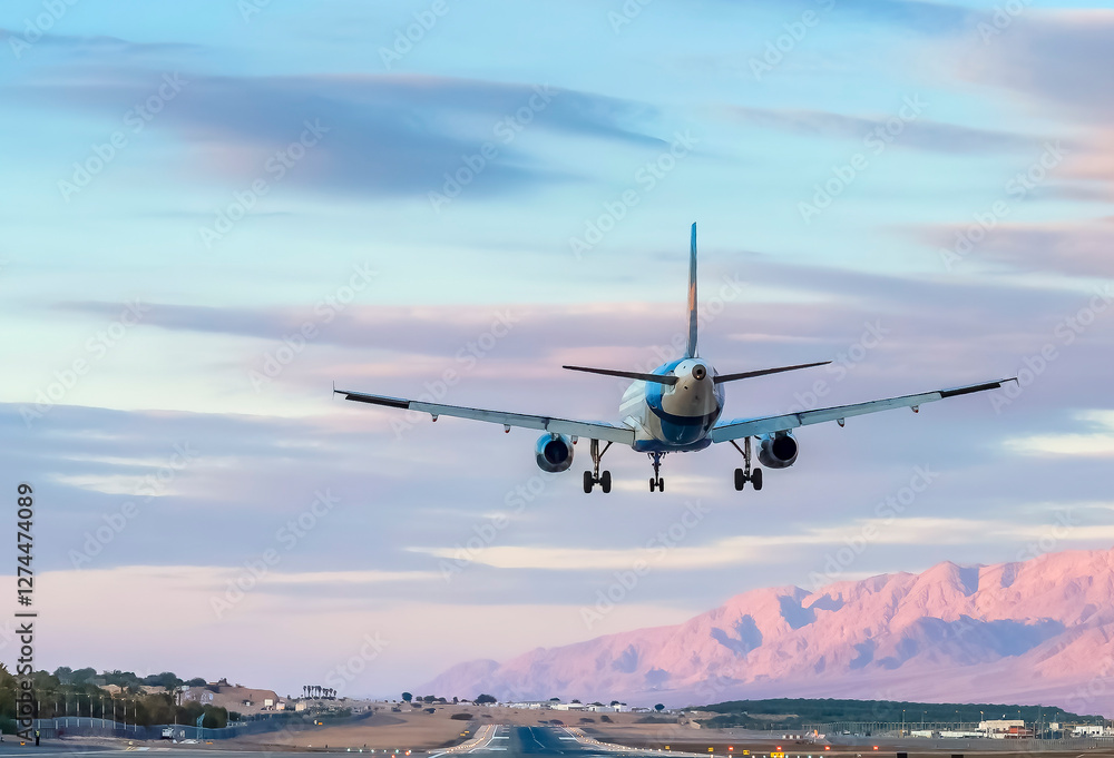 Naklejka premium Landing civil jet aircraft in desert area of the Middle East, seen runway and surrounding mountains and evening sky with light clouds. No Ai tools were used