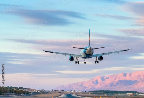 Landing civil jet aircraft in desert area of the Middle East, seen runway and surrounding mountains and  evening sky with light clouds. No Ai tools were used
