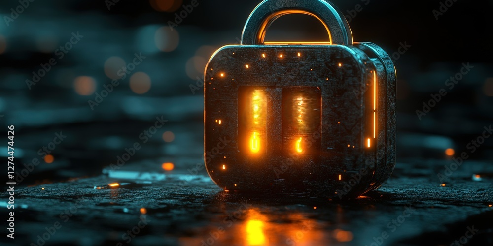 Futuristic lock with glowing elements on a reflective surface in a dimly lit space Futuristic lock with glowing elements on a reflective surface in a dimly lit space