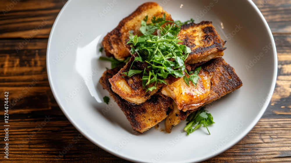 Pan fried turnip cakes with crispy edges and fresh herbs Pan fried turnip cakes with crispy edges and fresh herbs
