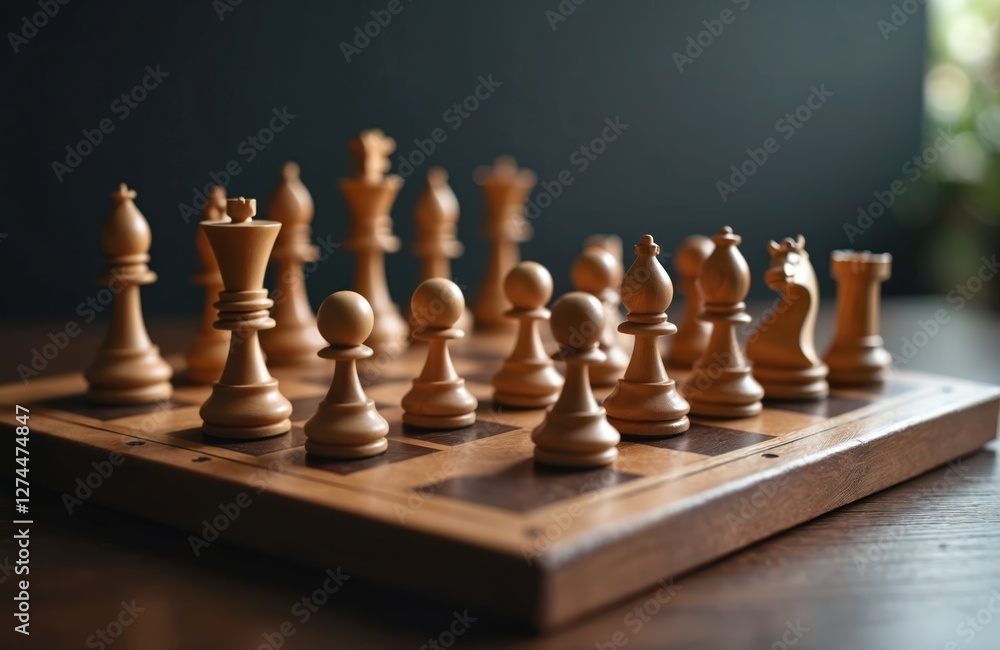 Artful depiction of wooden chess set on classic board. Celebrating world chess day. Strategy game with king, queen, pawn pieces. Intelligence challenge, business competition, battle, success concept. Artful depiction of wooden chess set on classic board. Celebrating world chess day. Strategy game with king, queen, pawn pieces. Intelligence challenge, business competition, battle, success concept.