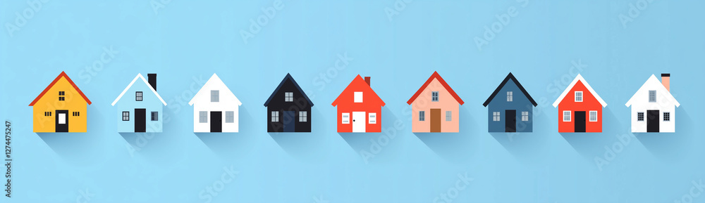 Cute Houses Lined Up on Blue Background Cute Houses Lined Up on Blue Background