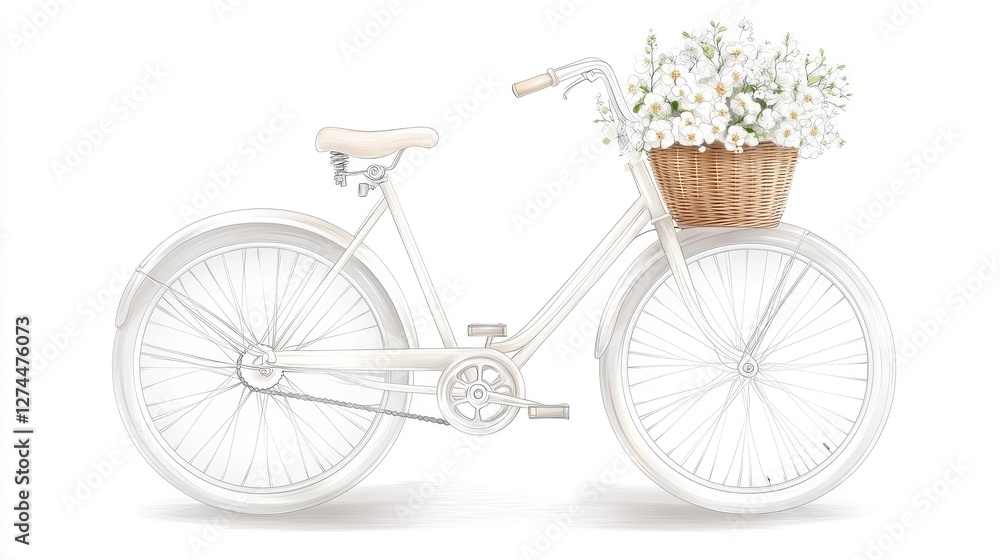 White bicycle with a basket full of flowers. The basket is filled with white flowers, and the bike is parked on a white background. Concept of peace and tranquility, as the flowers White bicycle with a basket full of flowers. The basket is filled with white flowers, and the bike is parked on a white background. Concept of peace and tranquility, as the flowers