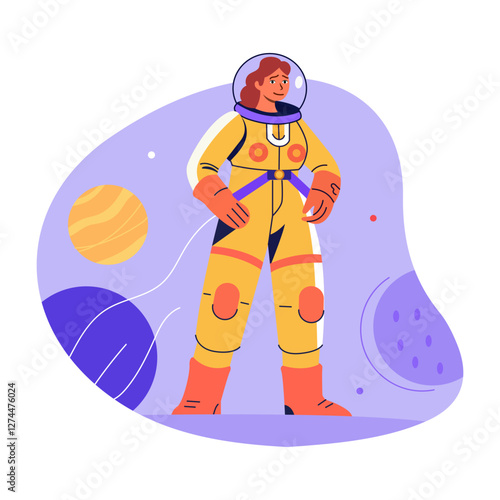 A flat illustration of woman astronaut character
