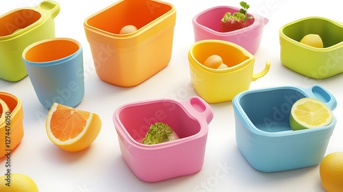 Colorful and creatively shaped food storage containers, 3D rendered, isolated on white backdrop, high resolution,