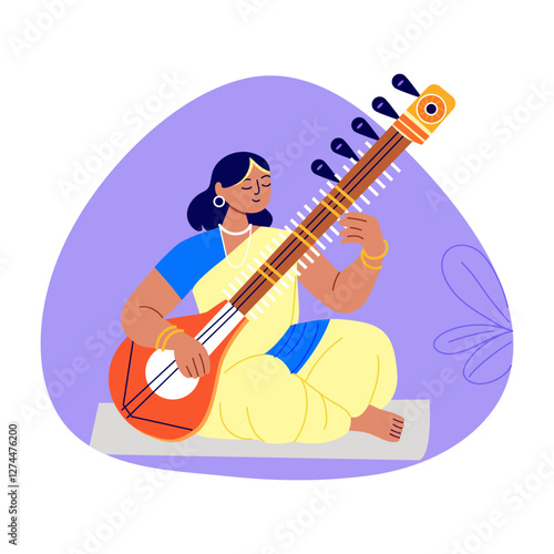 A flat illustration of a woman playing cultural music