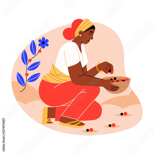 A flat illustration of a woman picking fruit