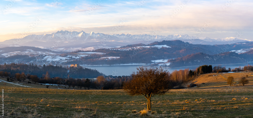 panoramic view in Tatra mountains with Czorsztyn Lake in Poland