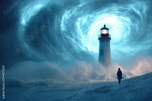 A lone figure walks toward a lighthouse amidst a swirling, ethereal storm, symbolizing hope and resilience.