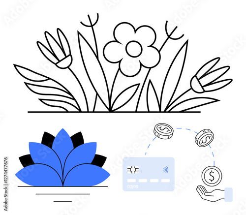 Flower garden line drawing, lotus in flat design, and credit card processing payment with coins and hand. Ideal for finance, environmental themes, online purchases, banking, e-commerce, nature