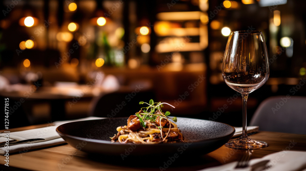 Rich and creamy mushroom pasta served elegantly in restaurant Rich and creamy mushroom pasta served elegantly in restaurant