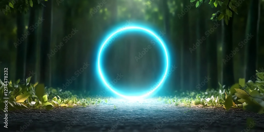 Obraz premium portal ring of blue energy hovering over mystical forest