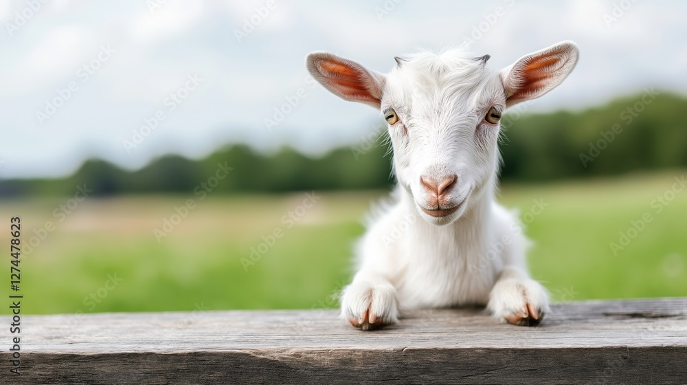 Fototapeta premium A white goat is laying on a wooden fence. The goat is looking at the camera with a curious expression