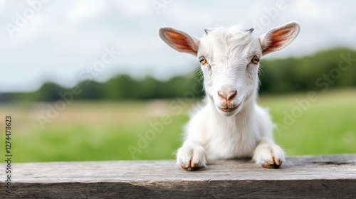 A white goat is laying on a wooden fence. The goat is looking at the camera with a curious expression