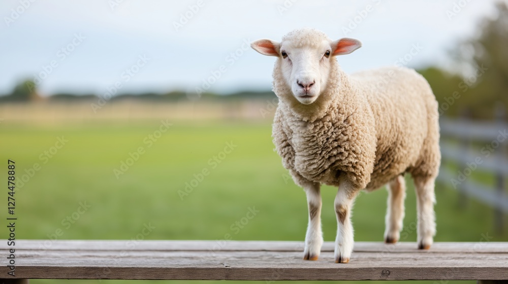 Obraz premium A white sheep stands on a wooden fence post. The sheep is looking at the camera. The scene is peaceful and calm