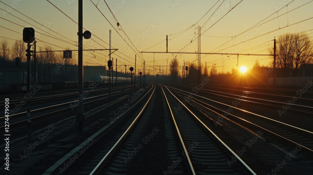 Sunset Over Railway Tracks: A Serene Golden Hour Sunset Over Railway Tracks: A Serene Golden Hour