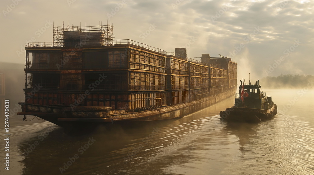 Obraz premium A barge loaded with construction materials floats _007