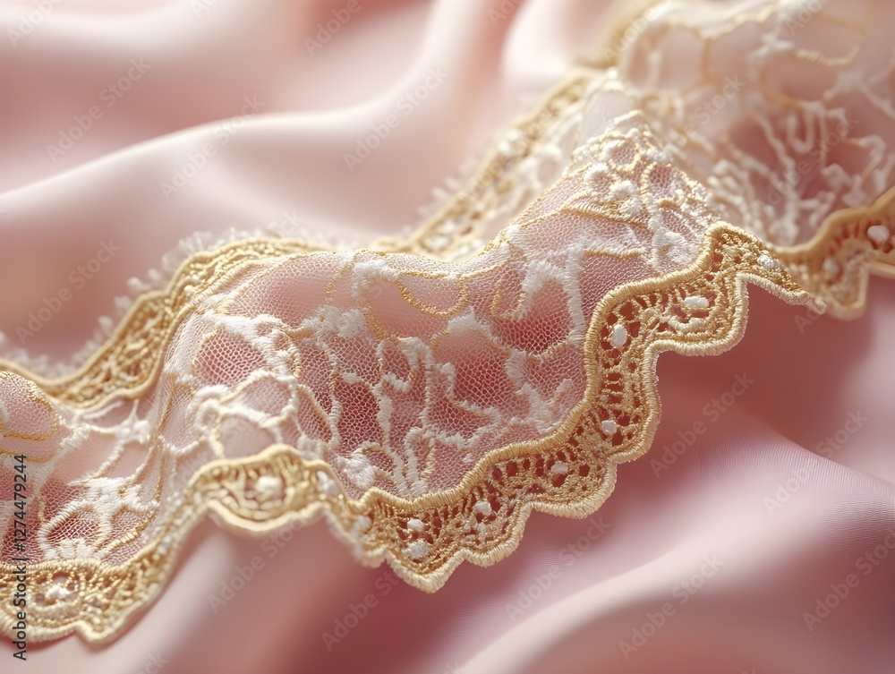Fototapeta premium Lace fabric Golden nestled on silk, a bridal celebration of love