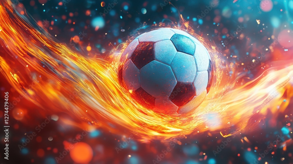 Naklejka premium A flying soccer ball with a glowing, vibrant trail behind it, set against a dynamic background of swirling, energetic colors.
