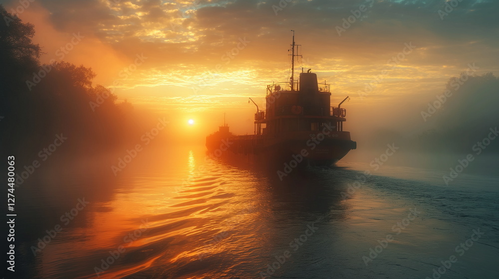 Fototapeta premium A barge on the river a massive cargo ship without _004