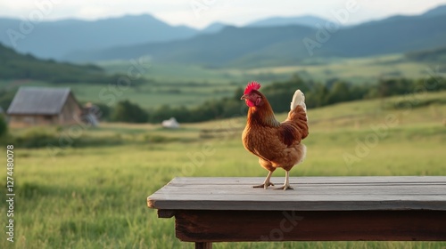A chicken stands on a wooden table in a field. The scene is peaceful and serene, with the chicken being the only living creature in the image