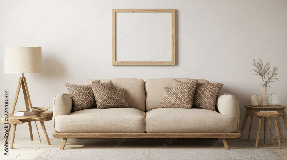Cozy beige sofa with decorative pillows in minimalist room Cozy beige sofa with decorative pillows in minimalist room