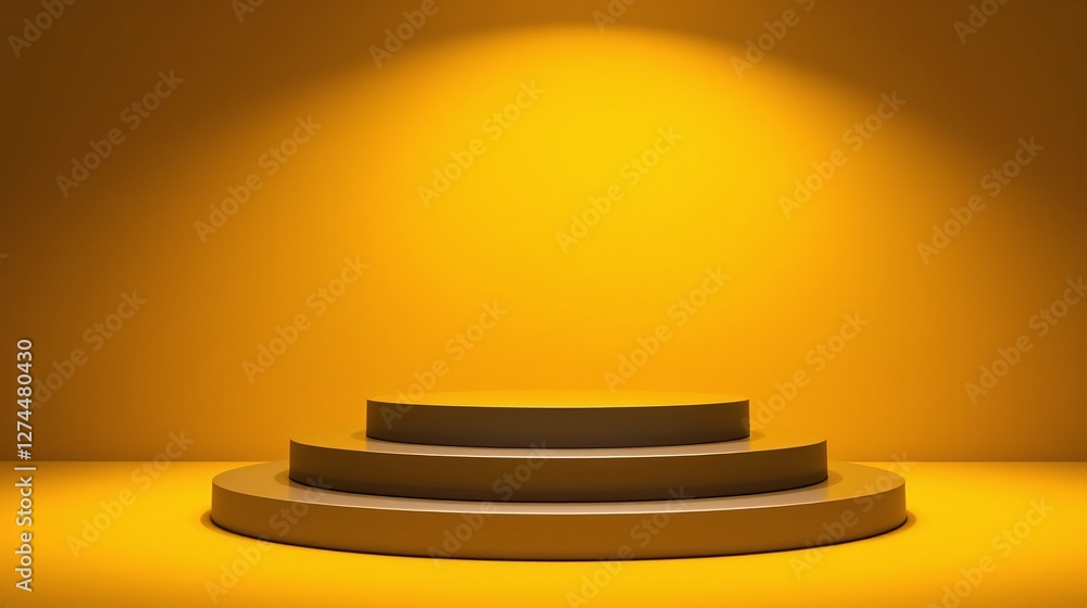 Fototapeta premium The image depicts a minimalist stage setup with two concentric circular platforms illuminated in a monochromatic yellow hue.