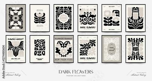 Abstract dark floral posters template. Modern trendy Matisse minimal style. Black and white colors. Hand drawn design for wallpaper, wall decor, print, postcard, cover, template, banner.