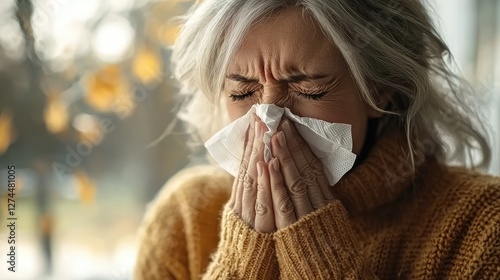 Elderly woman blowing her nose into a tissue
