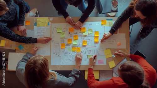 Top view of a diverse team of members gathered around a table, with a flowchart and sticky notes displayed
