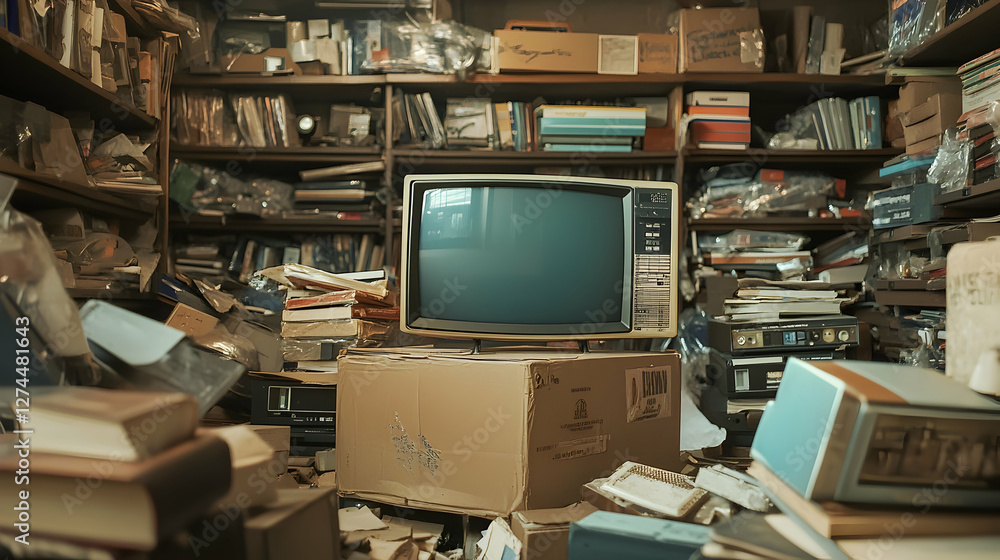 Boxed Smart TV rests in a cluttered storage room filled with packed items like books and old gadgets, creating a nostalgic atmosphere