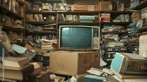 Obraz na płótnie Boxed Smart TV rests in a cluttered storage room filled with packed items like books and old gadgets, creating a nostalgic atmosphere w salonie