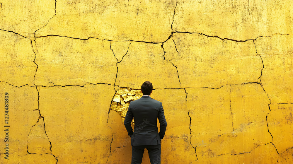 Businessman Observing Cracked Golden Wall
