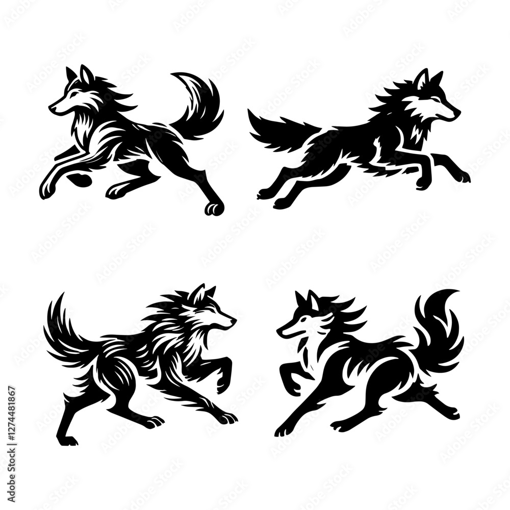 Fototapeta premium Running Wolf Silhouette Vector Set – Powerful Wild Canine Illustrations for Logos & Design