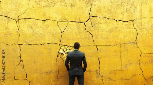Obraz na płótnie Businessman Observing Cracked Golden Wall w salonie