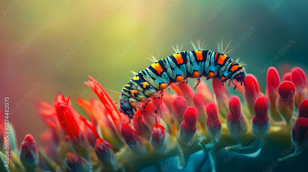 Caterpillar climbs vibrant red flower showcasing intricate animal behavior in a natural setting