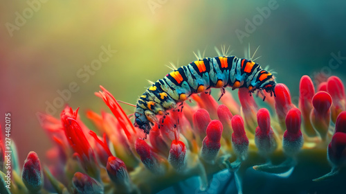 Obraz na płótnie Caterpillar climbs vibrant red flower showcasing intricate animal behavior in a natural setting w salonie