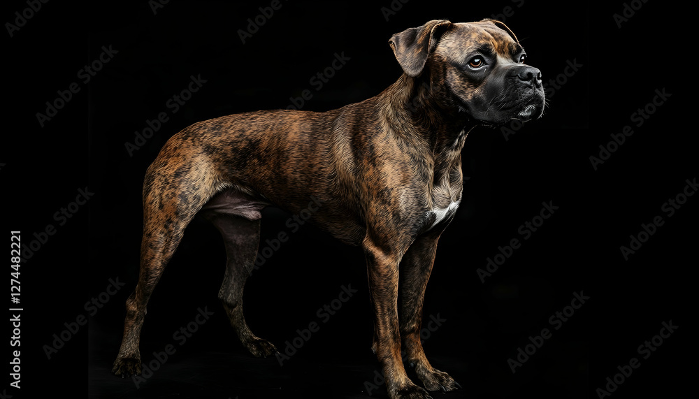 Brindle boxer dog with an attentive expression, posing on a black background in a studio setting Brindle boxer dog with an attentive expression, posing on a black background in a studio setting