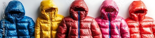 Colorful down jackets with hoods, isolated on white backdrop, ultra HD,