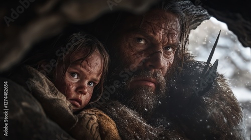 A rugged man and a child, both with earthy tones on their skin, seek shelter in a cave, embodying survival amidst a harsh, snowy landscape.