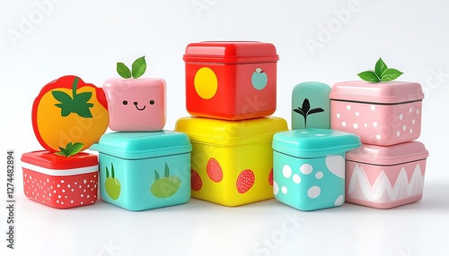 Colorful food containers with creative designs, 3D rendered illustration, isolated on a pristine white backdrop, realistic photo,