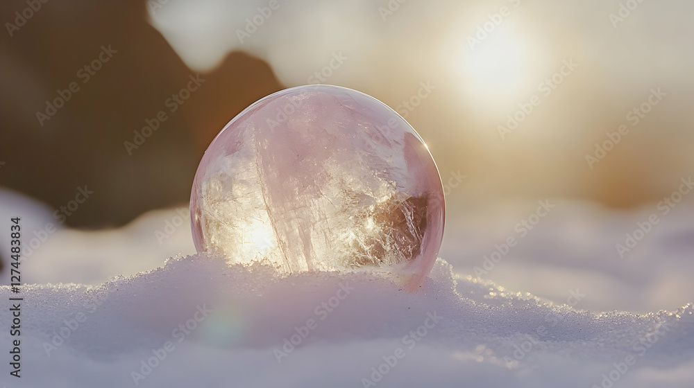Clear quartz ball on snow with a blurred winter background, symbolizing spiritual practices and winter solstice rituals