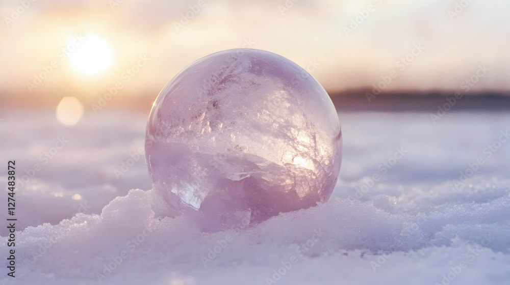 Clear quartz ball on snow with a blurred winter background, symbolizing spiritual practices and winter solstice rituals