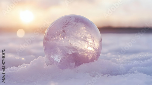 Clear quartz ball on snow with a blurred winter background, symbolizing spiritual practices and winter solstice rituals