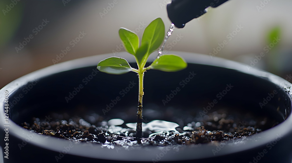 Close-up of a black plastic irrigation dripper watering a young plant